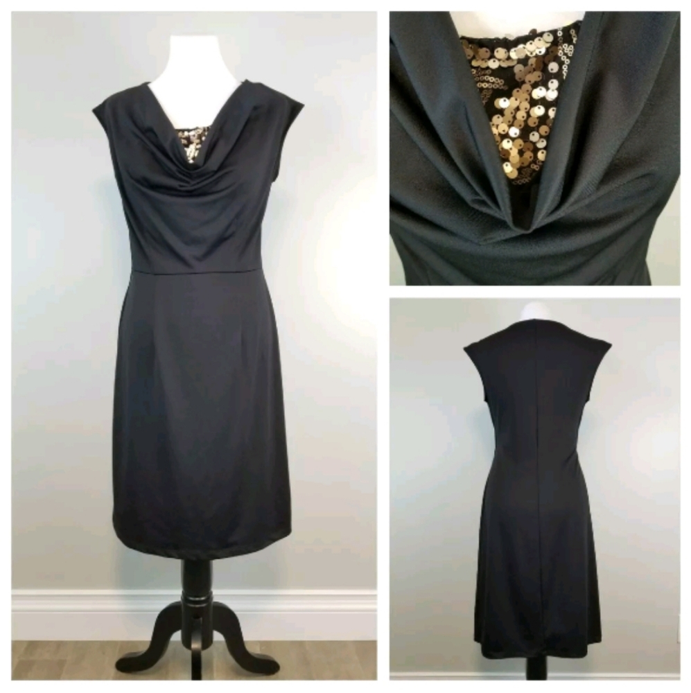 Black Gold Sequin S Draped Neck Cap Sleeve Dress